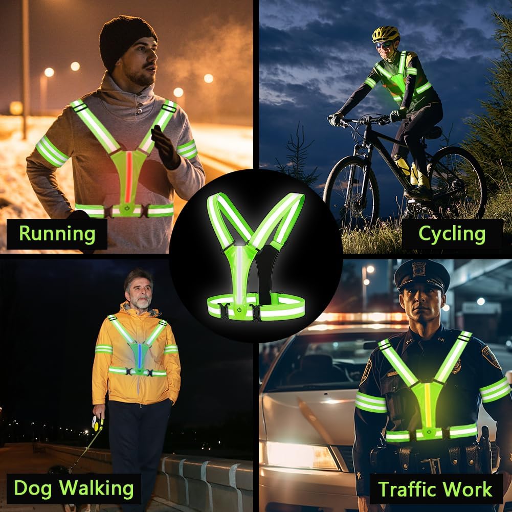 Adiwo Gilet de Sécurité LED – Kit Réfléchissant Jour et Nuit pour Vélo, Course, Jogging, Haute Visibilité, Unisexe Enfant/Adulte, Vert