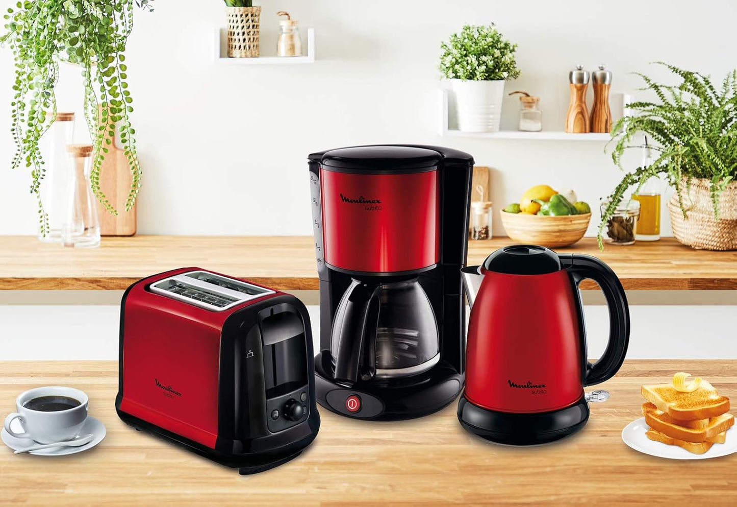 Moulinex Subito, Bouilloire sans fil, Capacité 1,7 L, Inox, Résistance cachée, Niveau d’eau visible, Facile d'utilisation, Rouge, BY540510