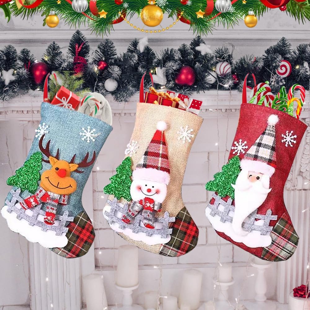 Udbrud 3 Pièces Chaussette de Noel, Chaussettes de Noël à Suspendre 3D Chaussette pour Cheminée Sac de Bonbons Bas Noël Chaussettes Sac Cadeau Décoration pour Arbre, Cheminée, Vitrine, Sac de Bonbons