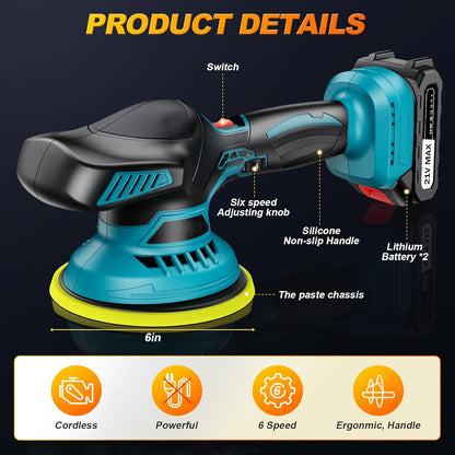 Polisseuse Voiture Sans Fil 150 mm à Double Action – 2×21V 2000mAh Batteries, Kit 13 pcs, 6 Vitesses Réglables 5500 RPM, Lustreuse Orbitale pour Cirage et Rénovation Auto