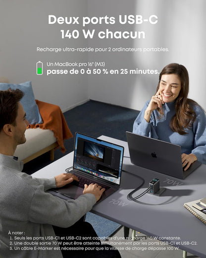 Anker Chargeur USB-C 140 W pour Ordinateur Portable – Bloc d’Alimentation GaN 4 Ports avec Charge Rapide, Contrôle Tactile, Compatible MacBook, iPhone 16/15/14, Samsung, Pixel