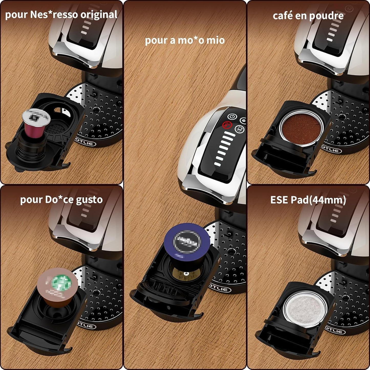 KOTLIE EM-308A – Machine à Café Expresso 5-en-1 à Capsules Multiples pour Nespresso Original, Dolce Gusto, L’OR, Café Moulu et Pods 44 mm, 19 Bars, Réservoir 1 L, Blanc